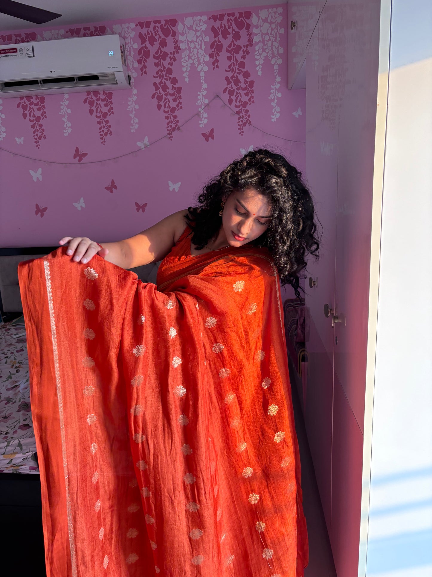 Vibrant Orange Viscose Jute Khadi Saree with Jacquard Butta