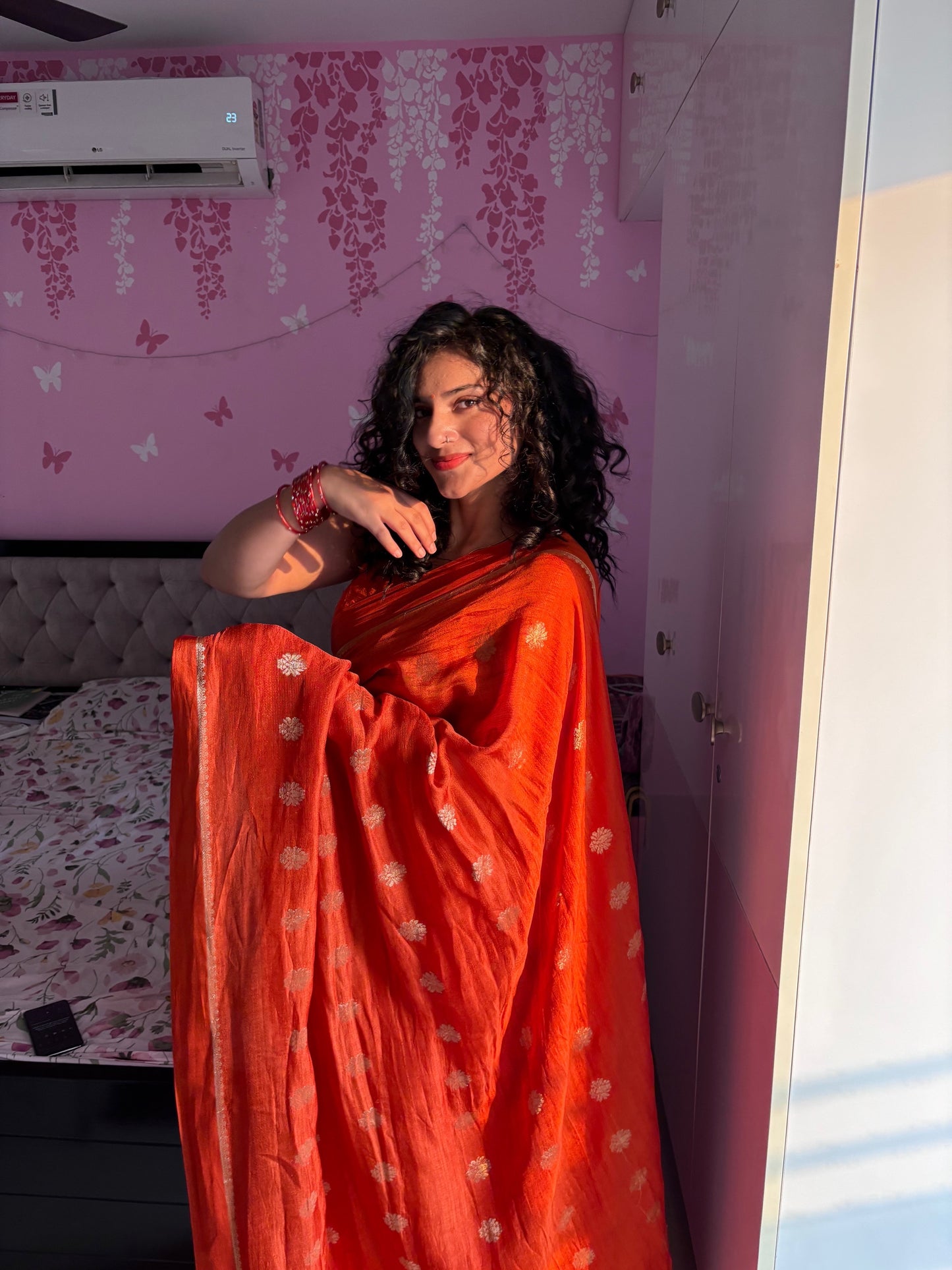Vibrant Orange Viscose Jute Khadi Saree with Jacquard Butta