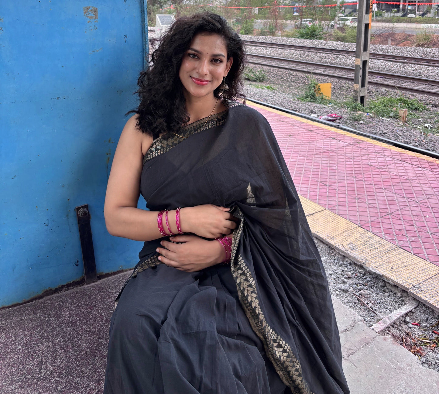 Classic Black Bengal Handloom Cotton Saree with Woven Border